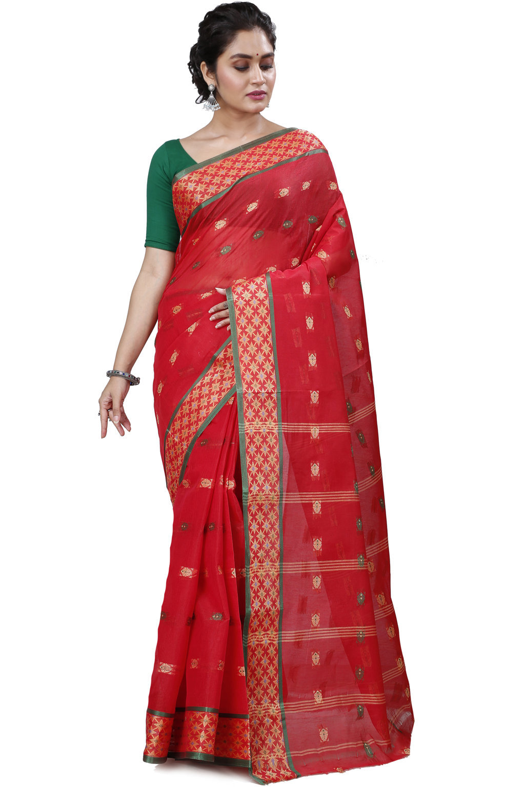 Red Pure Cotton Reese Tant Saree (967)
